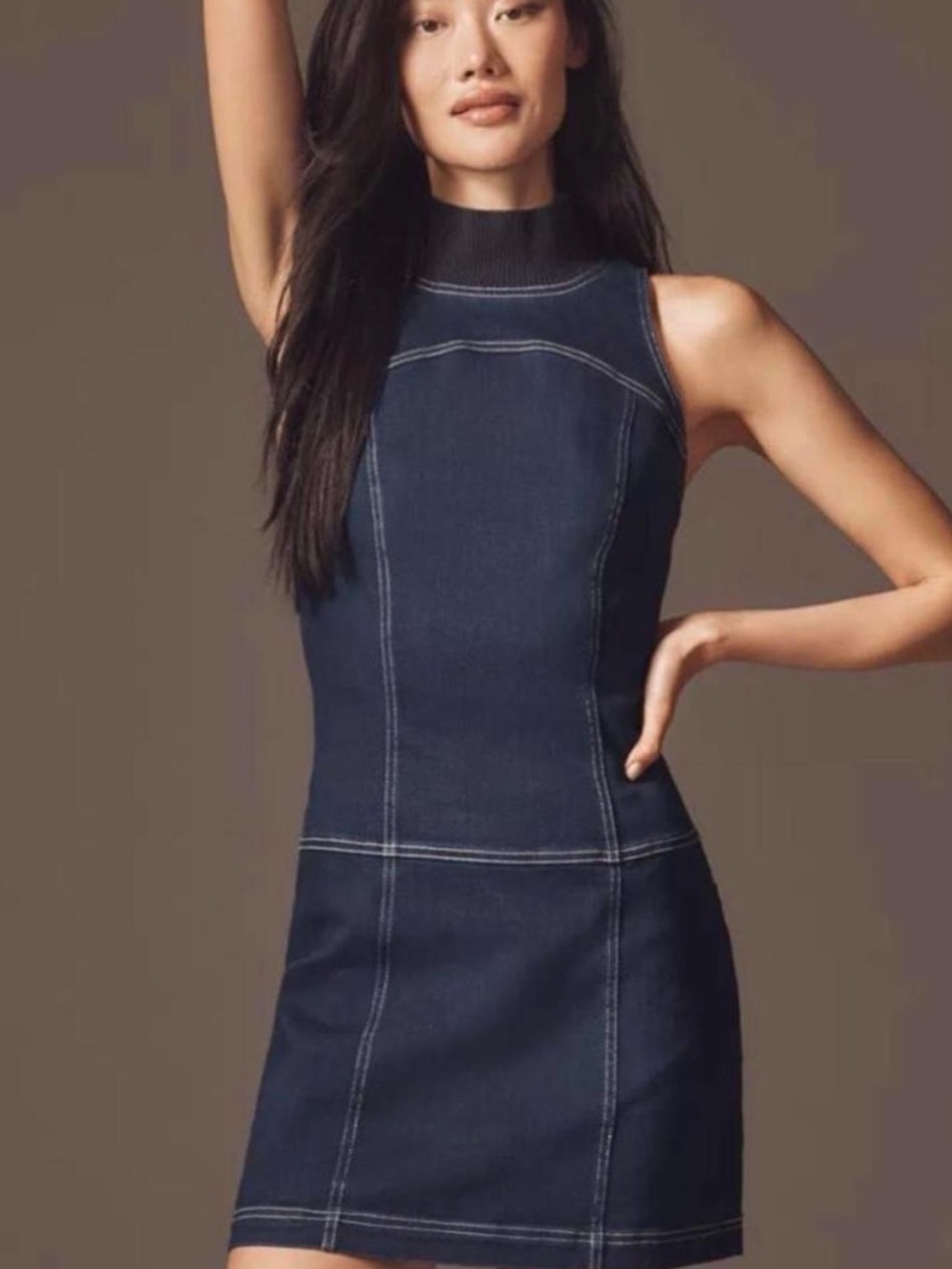 Pilcro Navy Sleeveless Stitch-Trim Mock-Neck Mini Dress